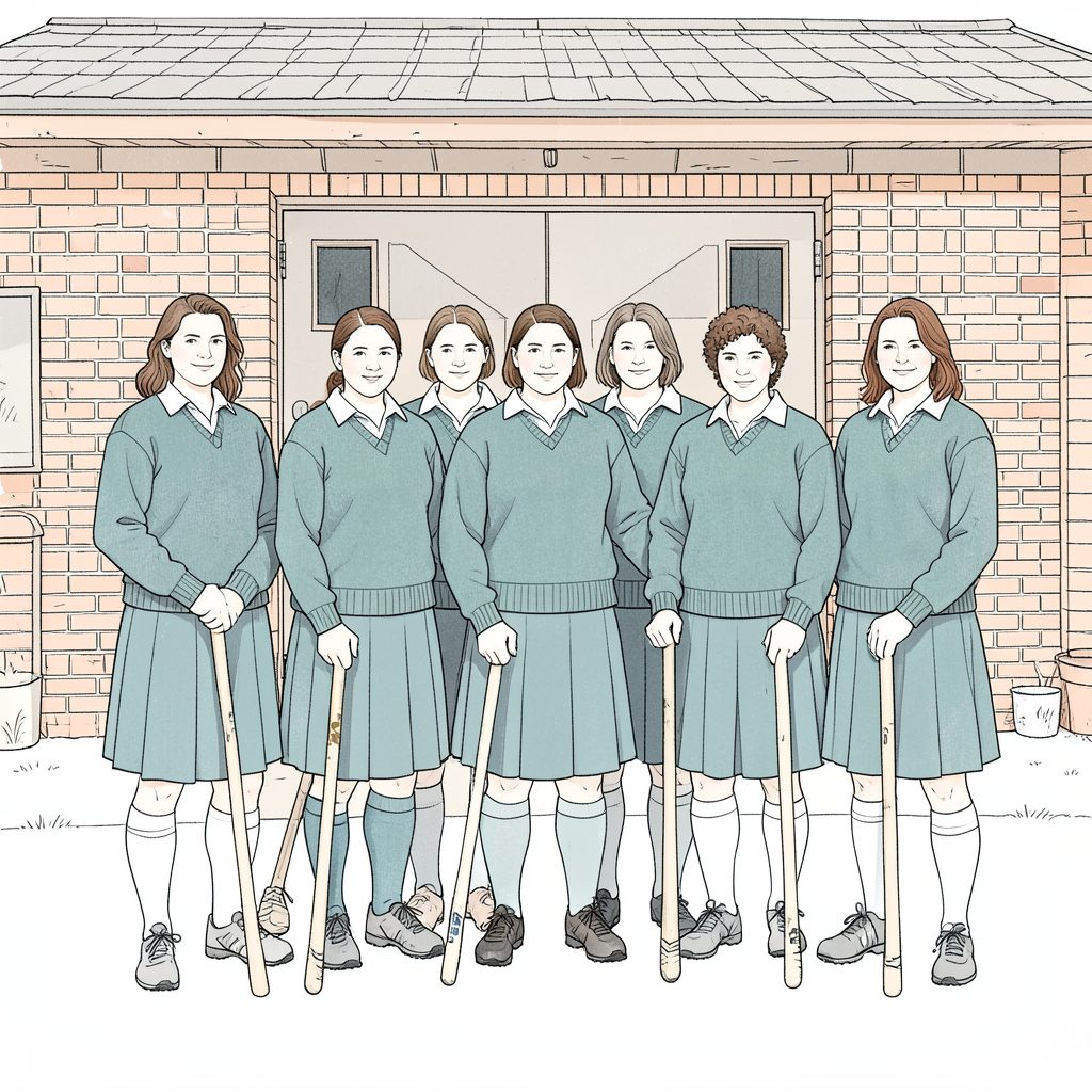 A faded color photograph of a women's field hockey team posing in matching wool sweaters and knee-length skirts, holding wooden sticks, standing in front of a brick clubhouse.