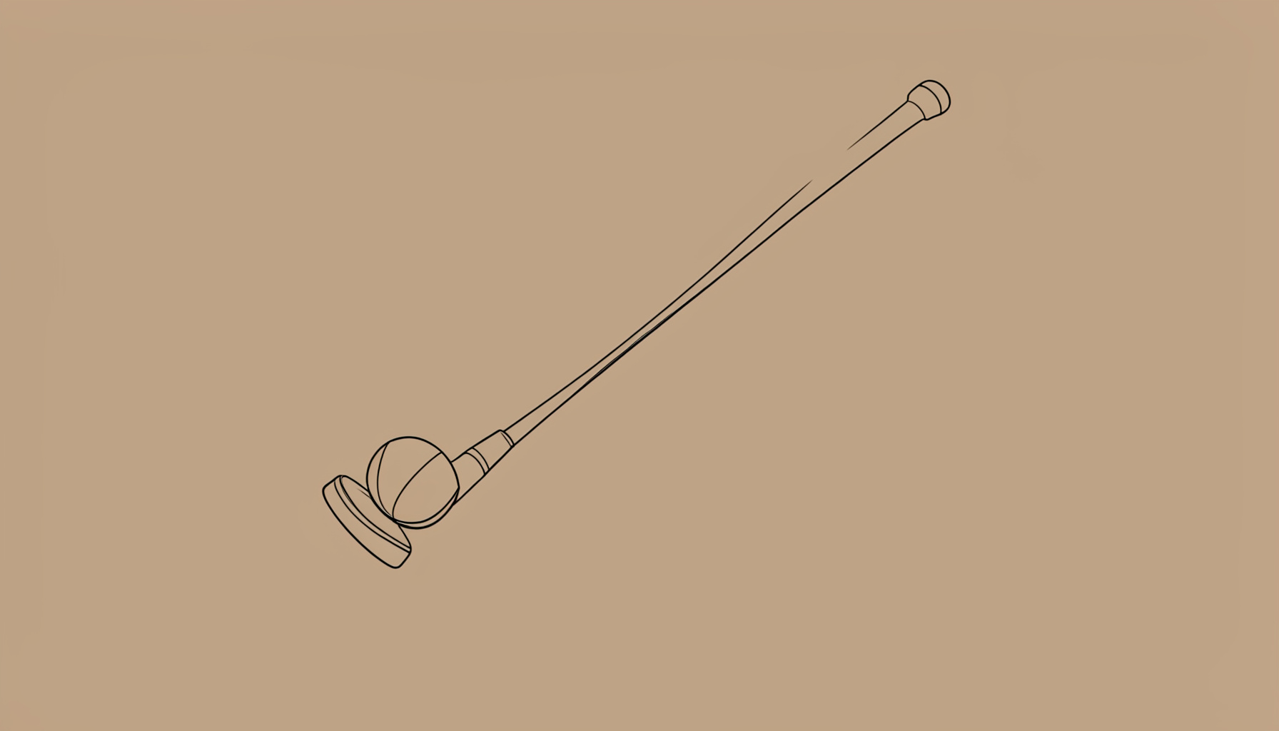Minimal line drawing of a field hockey stick and ball, warm taupe background