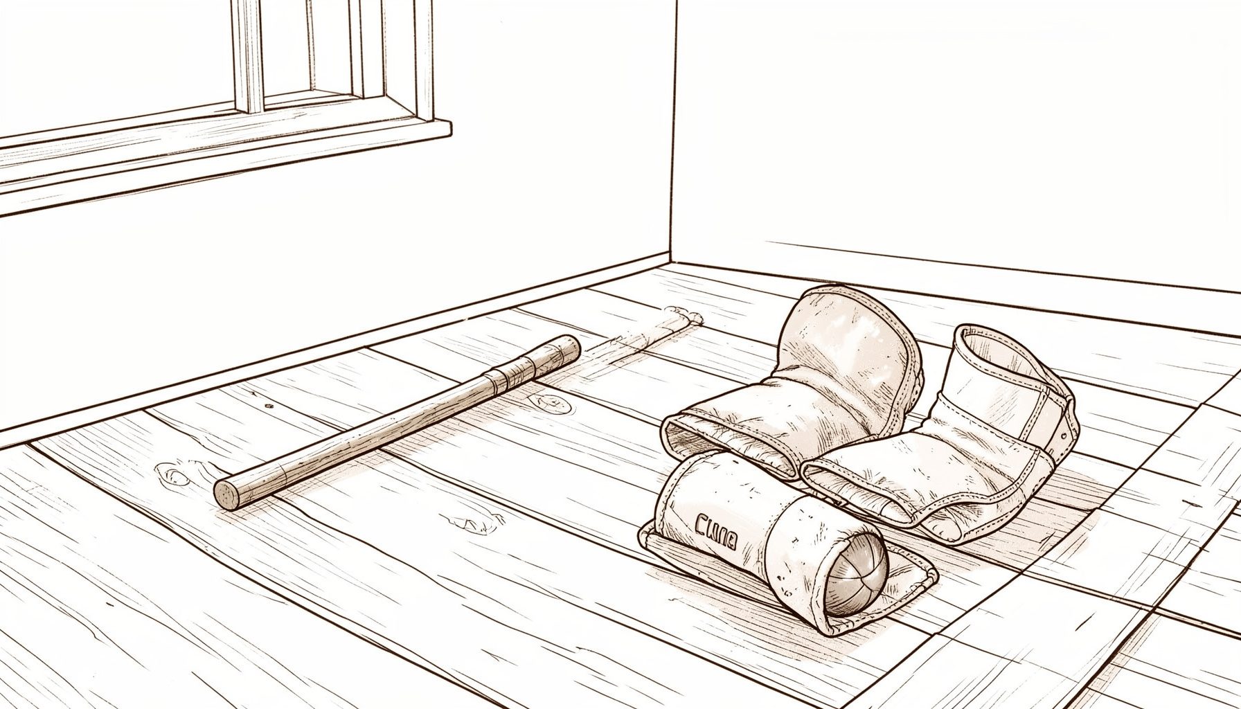 A warm sepia-toned scene of vintage field hockey equipment laid out on weathered wooden floorboards — an old wooden stick, a leather ball, and faded cloth shin guards, softly lit from a nearby window.