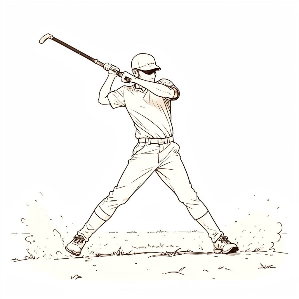A sepia-toned action shot of a player executing a drive on a sunlit field, captured mid-swing with dust rising from the dry ground.