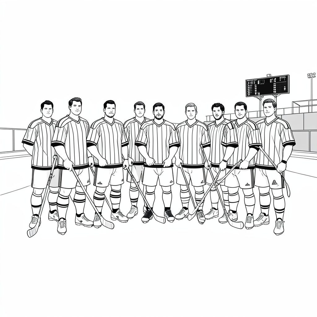 A black-and-white group photograph of men in striped jerseys and shorts lined up on a pitch, holding hockey sticks, with a scoreboard visible in the distance.