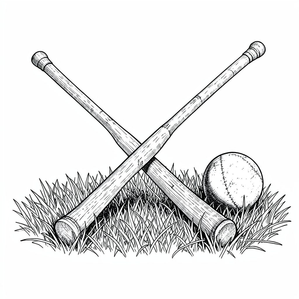 A close-up black-and-white image of two weathered wooden field hockey sticks crossed on a patch of grass, with a worn leather ball resting beside them.