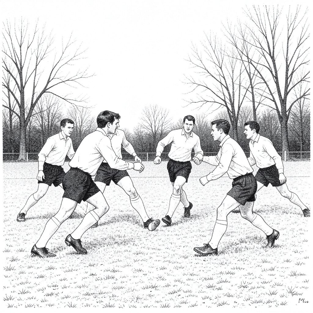 A grainy black-and-white photograph of an early 20th-century field hockey match on a grassy pitch, players in long-sleeved white shirts and dark shorts mid-play, with bare trees in the background under an overcast sky.