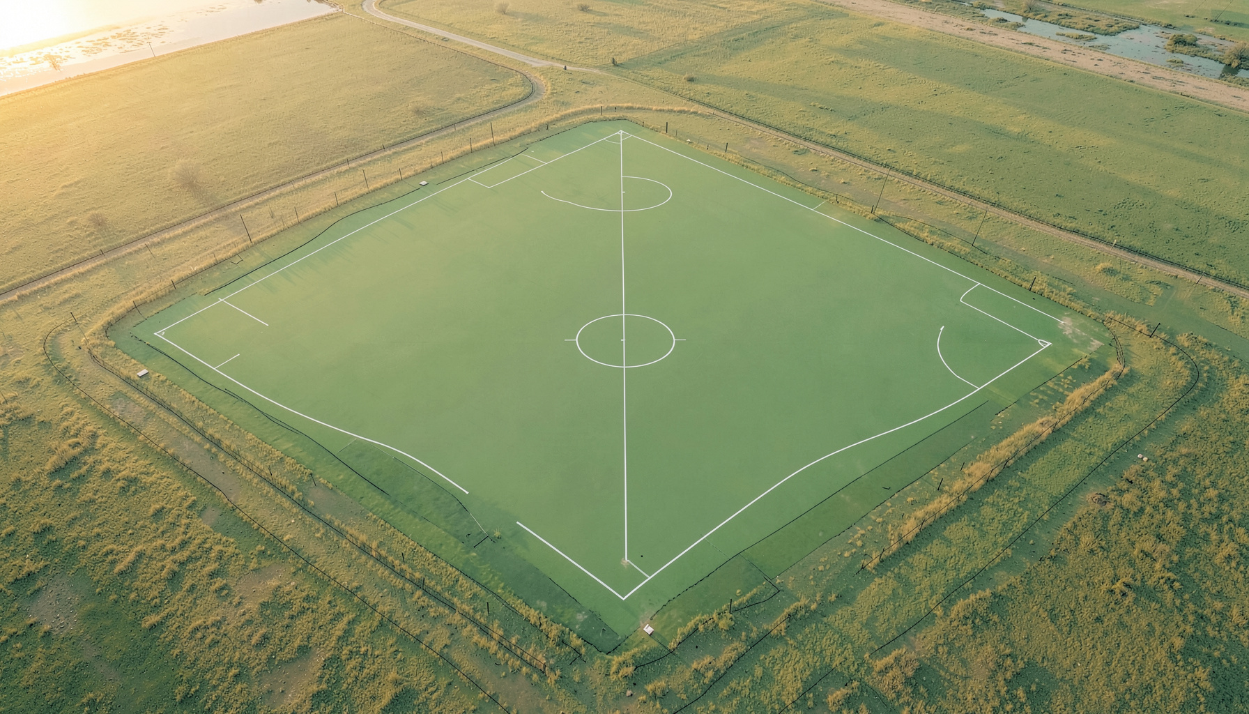 Aerial view of a green field hockey pitch with white boundary lines, surrounded by open grassy fields under soft morning light, warm earth tones and muted greens