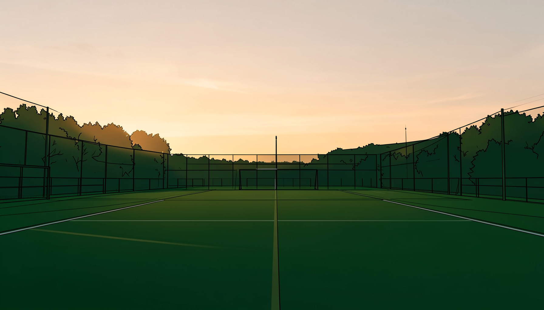 Wide landscape of a field hockey pitch at dusk, warm amber and deep green tones, atmospheric and serene